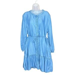 Beachlunchlounge Dress Women XL Blue Chambray Button Tiered Boho Cottage Pockets